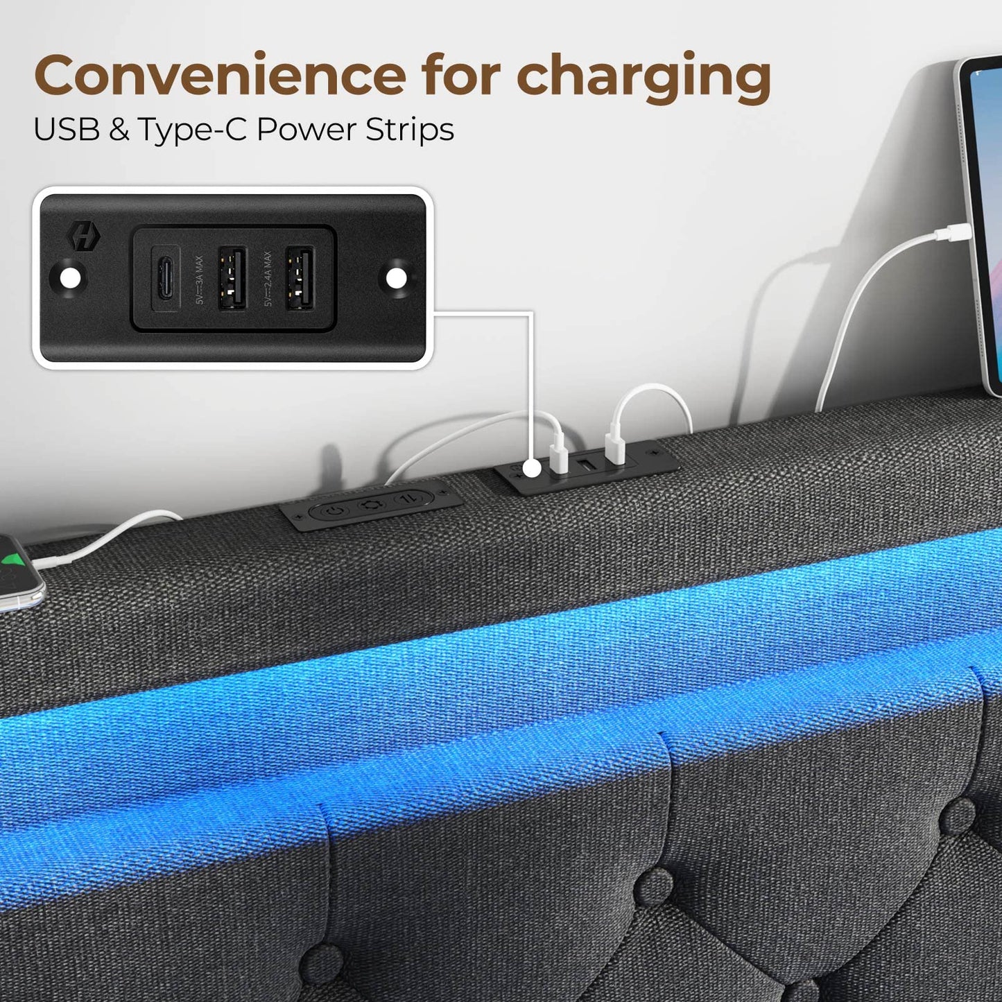 Rolanstar Twin Size Bed Frame with Charging Station and LED Lights, Upholstered Bed with Adjustable Headboard and 4 Storage Drawers, No Box Spring Needed, Easy Assembly, Dark Grey