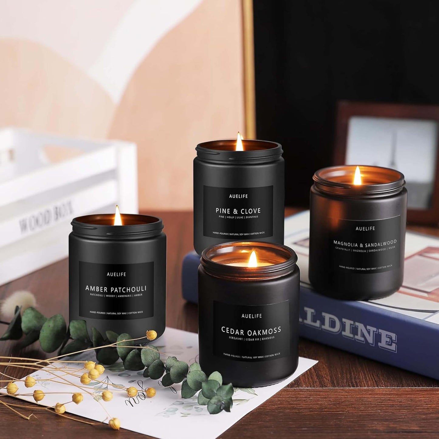 Scented Candles Set | Men Candle Set, Scented Candles for Home, Gifts for Men - 4 Pack Men Candle Gifts Soy Candles Scents of Lavender/Leather/Oak/Smoke & Vanilla