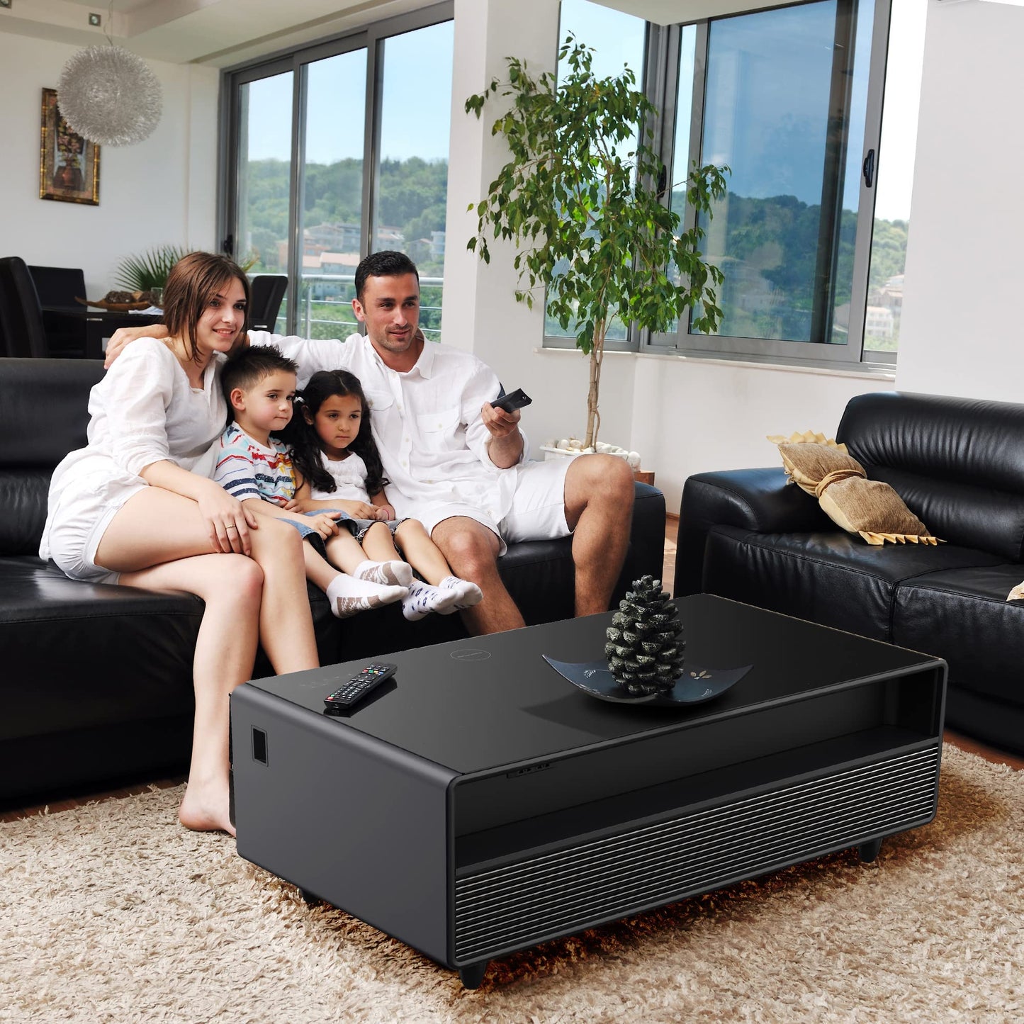 LIVTAB Smart Coffee Table, 27.8" D x 51" W x 18.1" H, Living Room Table with Built in Fridge and Speakers, Smart Table with 15W Wireless Charging, USB Chargers and 110V Outlets (White)