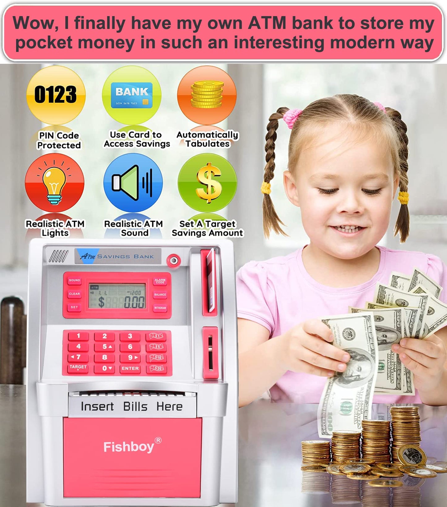 Fishboy Upgraded ATM Piggy Bank for Real Money for Kids with Debit Card, Bill Feeder, Coin Recognition, Balance Calculator, Digital Electronic Savings Safe Machine Box