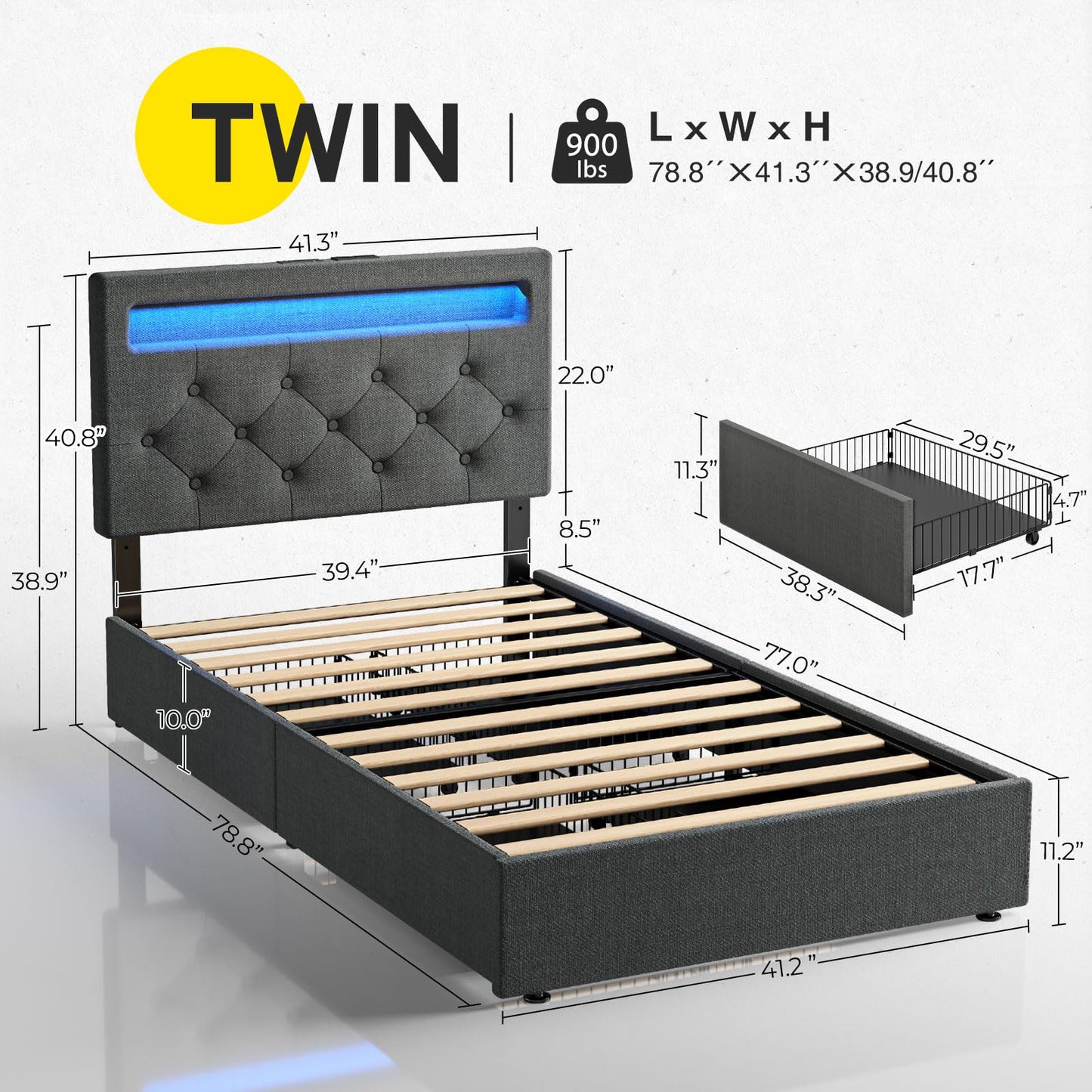 Rolanstar Twin Size Bed Frame with Charging Station and LED Lights, Upholstered Bed with Adjustable Headboard and 4 Storage Drawers, No Box Spring Needed, Easy Assembly, Dark Grey