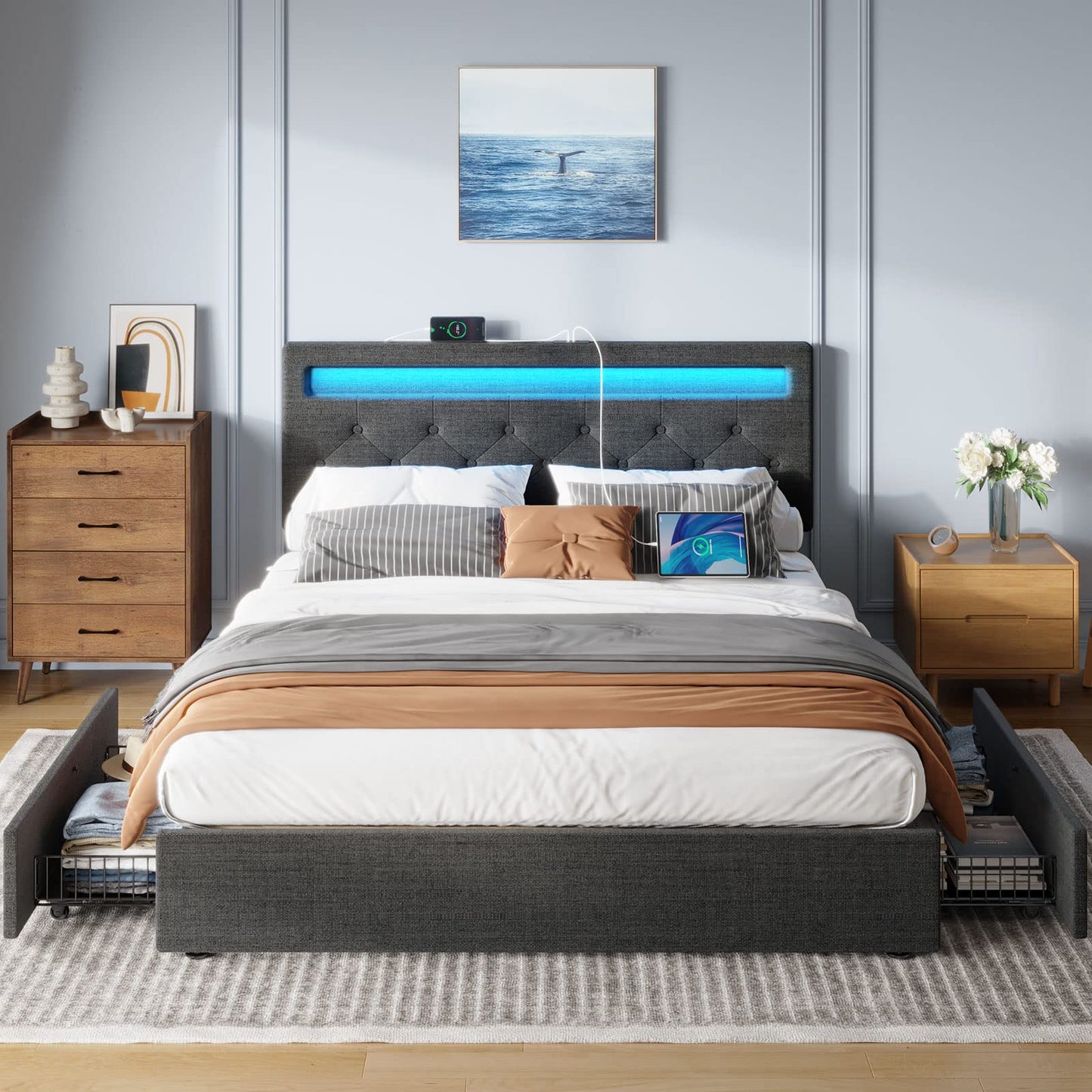 Rolanstar Twin Size Bed Frame with Charging Station and LED Lights, Upholstered Bed with Adjustable Headboard and 4 Storage Drawers, No Box Spring Needed, Easy Assembly, Dark Grey