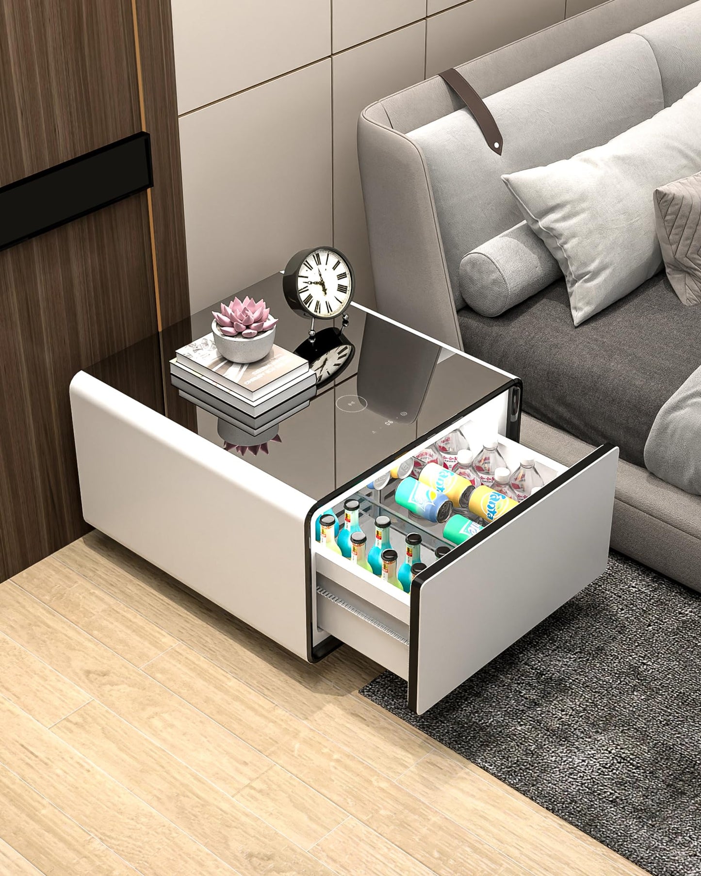 LIVTAB Smart Coffee Table, 27.8" D x 51" W x 18.1" H, Living Room Table with Built in Fridge and Speakers, Smart Table with 15W Wireless Charging, USB Chargers and 110V Outlets (White)