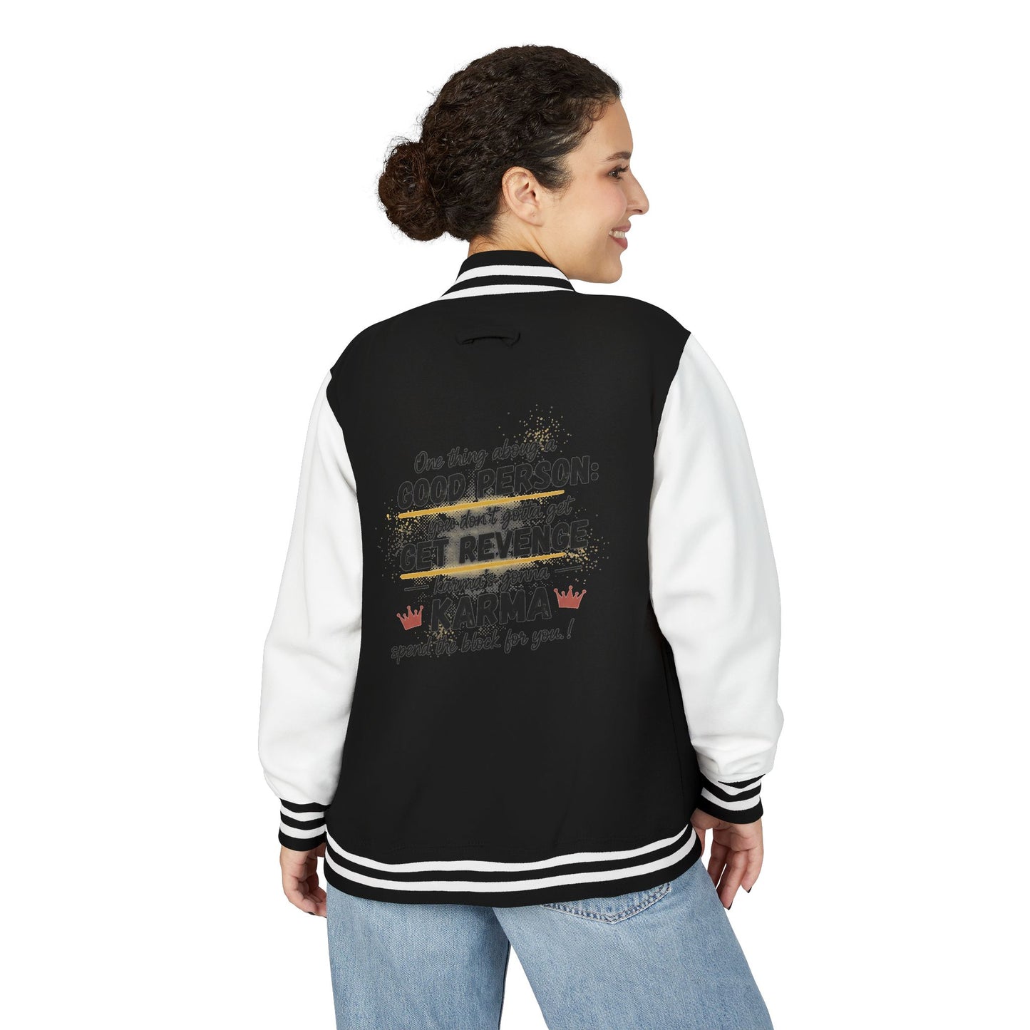 Letterman Jacket — 'Good Person Gets Revenge? Karma' Retro Graphic Varsity Coat