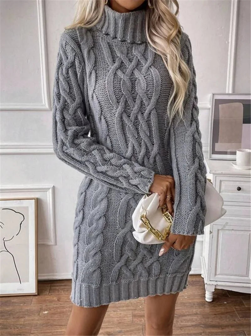 Women's Sweater Dress Autumn Winter New Slim Knit Dress Turtleneck Cable Pattern Long Sleeve Knitted Gown Dress