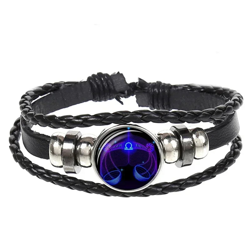 12 Constellation Zodiac Sign Black Braided Leather Bracelet Cancer Leo Virgo Libra Woven Glass Dome Jewelry Punk Men Bracelet