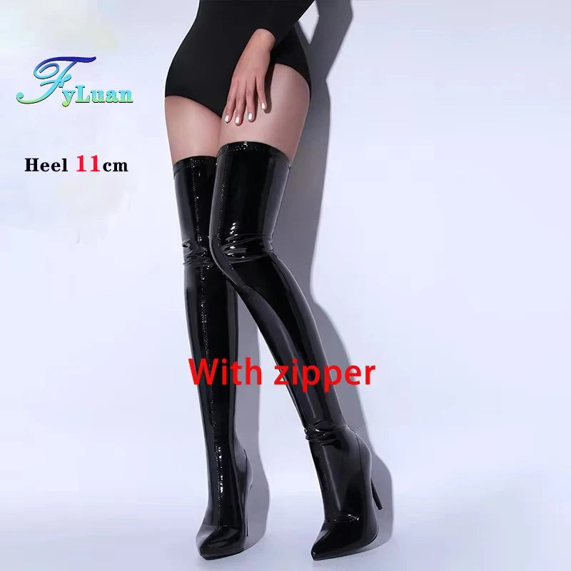 2025 New Sexy High Heels Black Over the Knee Boots For Women Bright Patent Leather Side Zip Winter Thigh High Boots Female Shoes