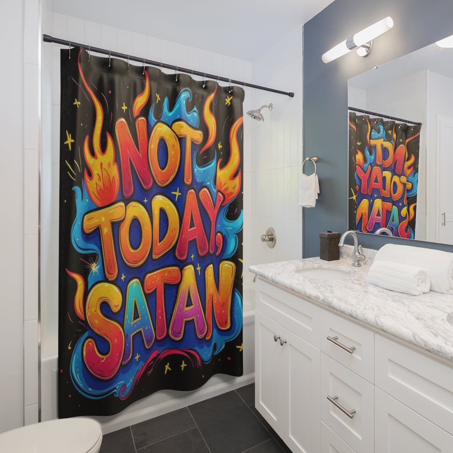 Not Today Satan Shower Curtain — Bold Colorful Bathroom Decor