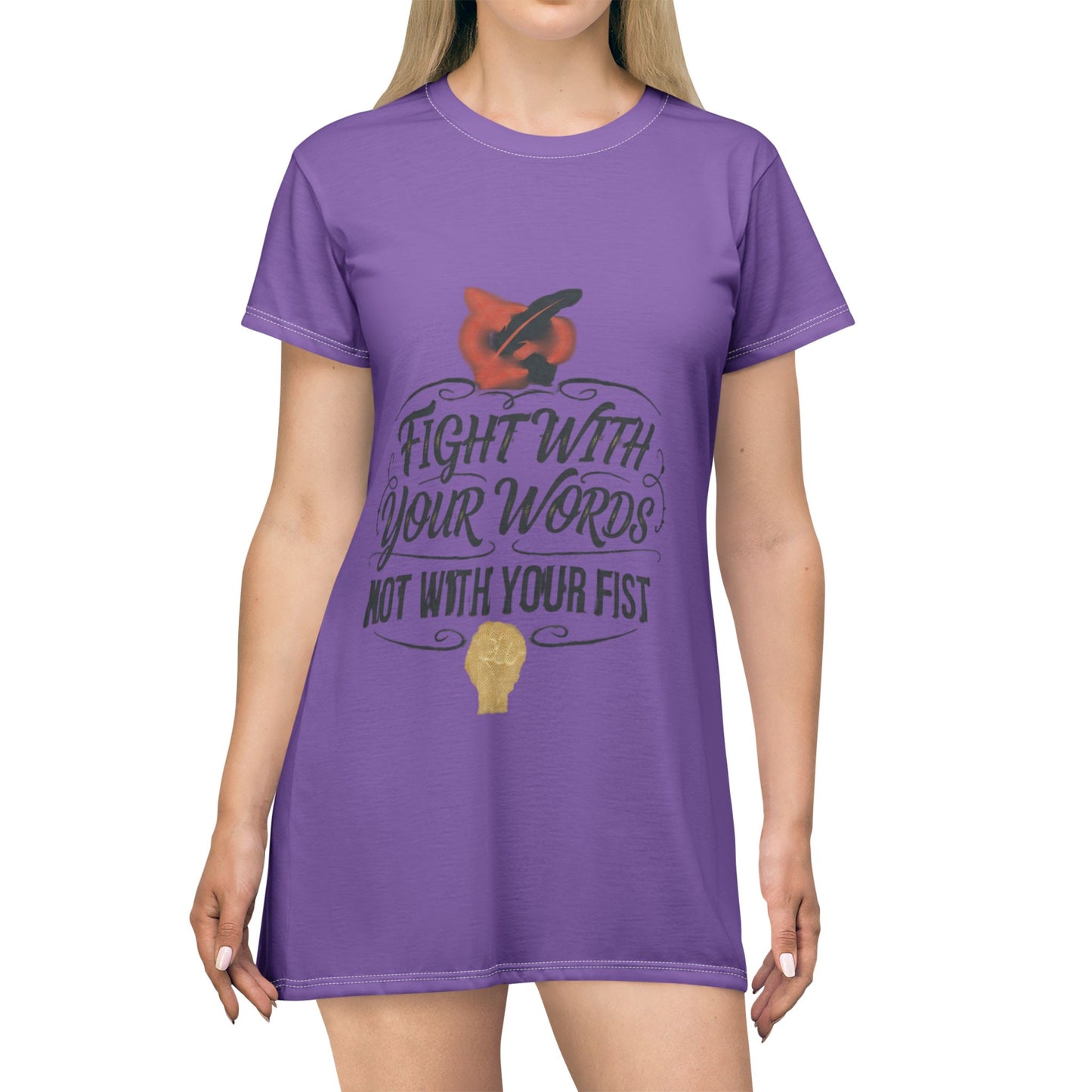 'Fight With Your Words Not Your Fist' Graphic T-Shirt Dress – Feminine Purple AOP Casual Dress for Peacemakers