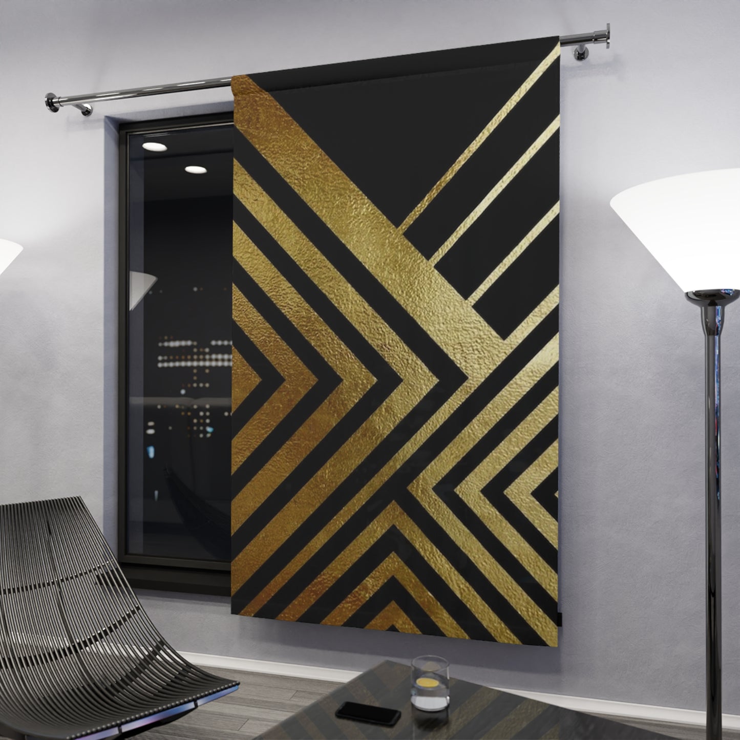 Gold Geometric Window Curtain — Black & Metallic Art Deco Panel