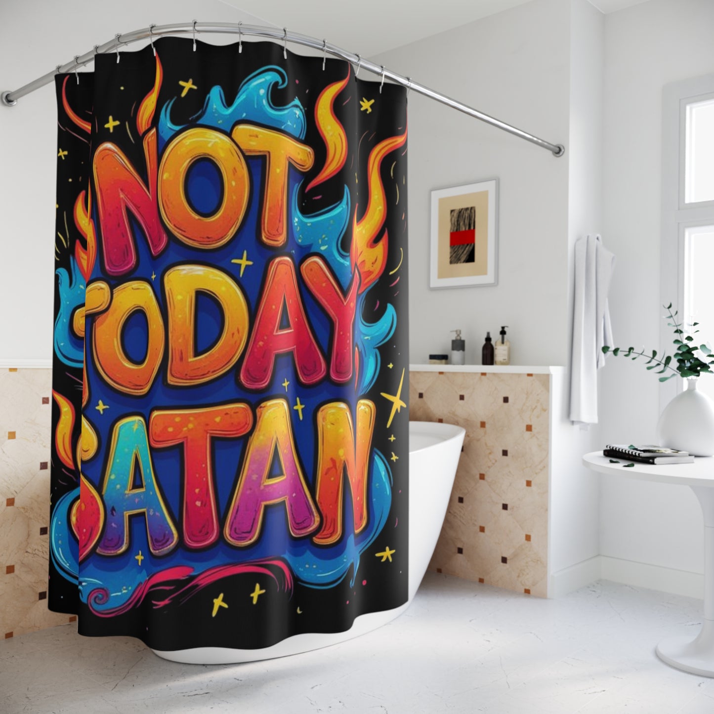 Not Today Satan Shower Curtain — Bold Colorful Bathroom Decor