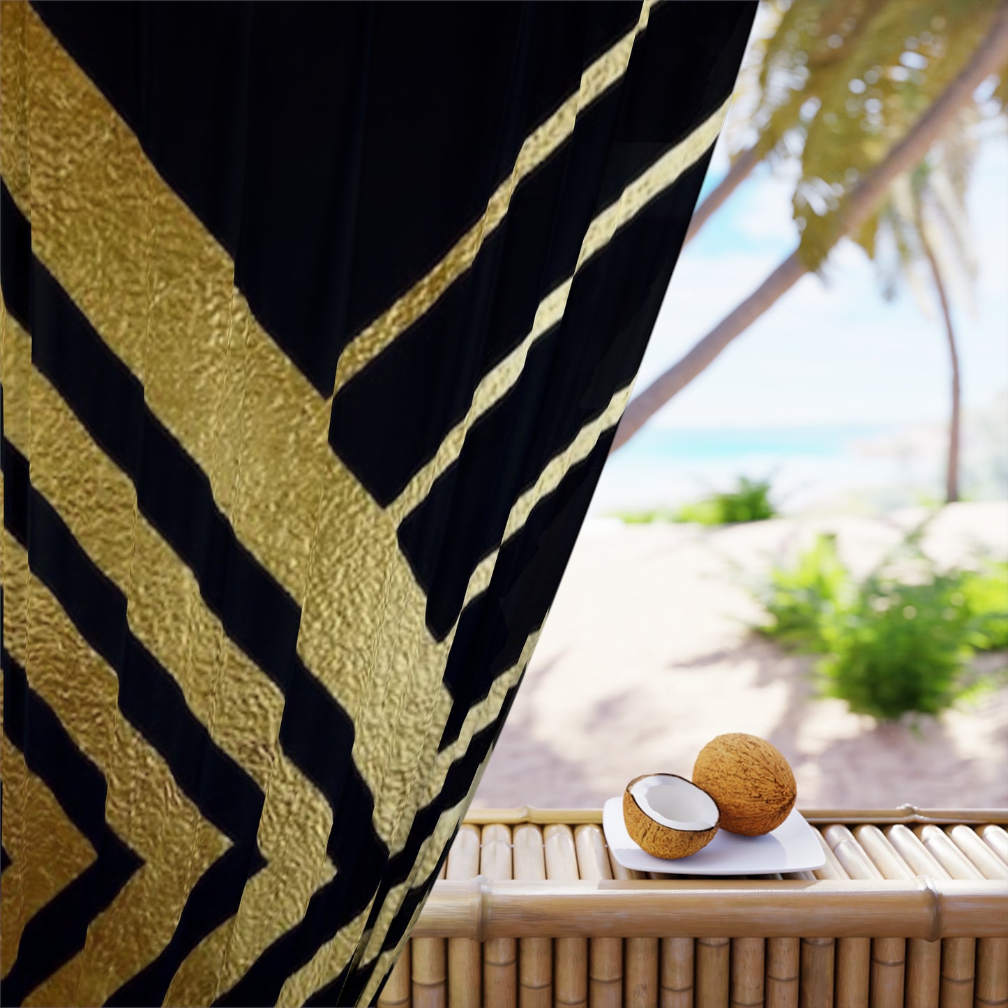 Gold Geometric Window Curtain — Black & Metallic Art Deco Panel