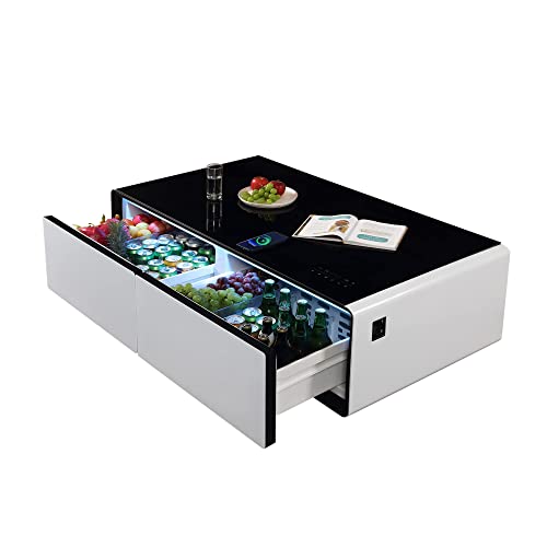 LIVTAB Smart Coffee Table, 27.8" D x 51" W x 18.1" H, Living Room Table with Built in Fridge and Speakers, Smart Table with 15W Wireless Charging, USB Chargers and 110V Outlets (White)