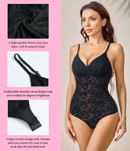 BRABIC Lace Bodysuit for Women Tummy Control Shapewear Sleeveless Tops V-Neck Backless Camisole Jumpsuit Shaper