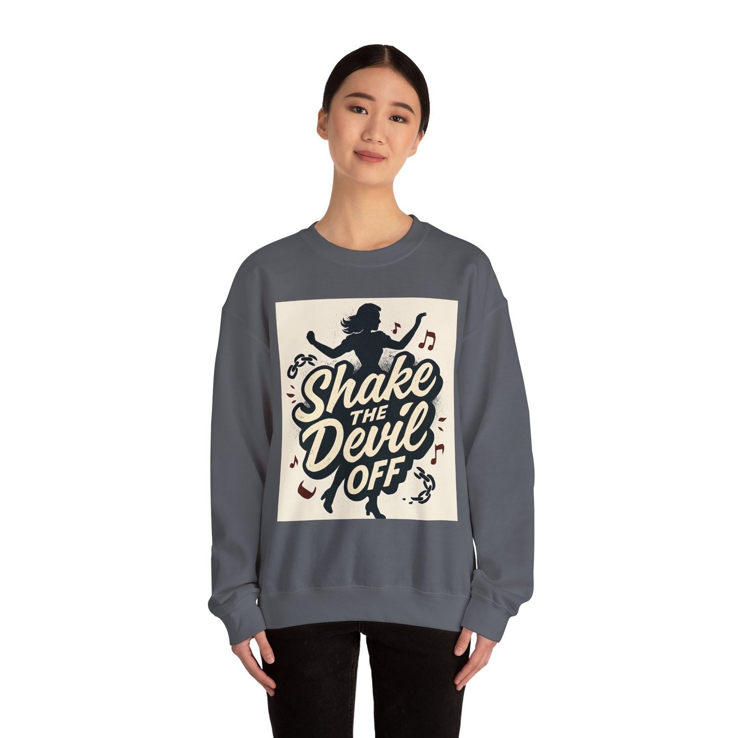 Crewneck Sweatshirt — "Shake the Devil Off" Retro Dance Graphic