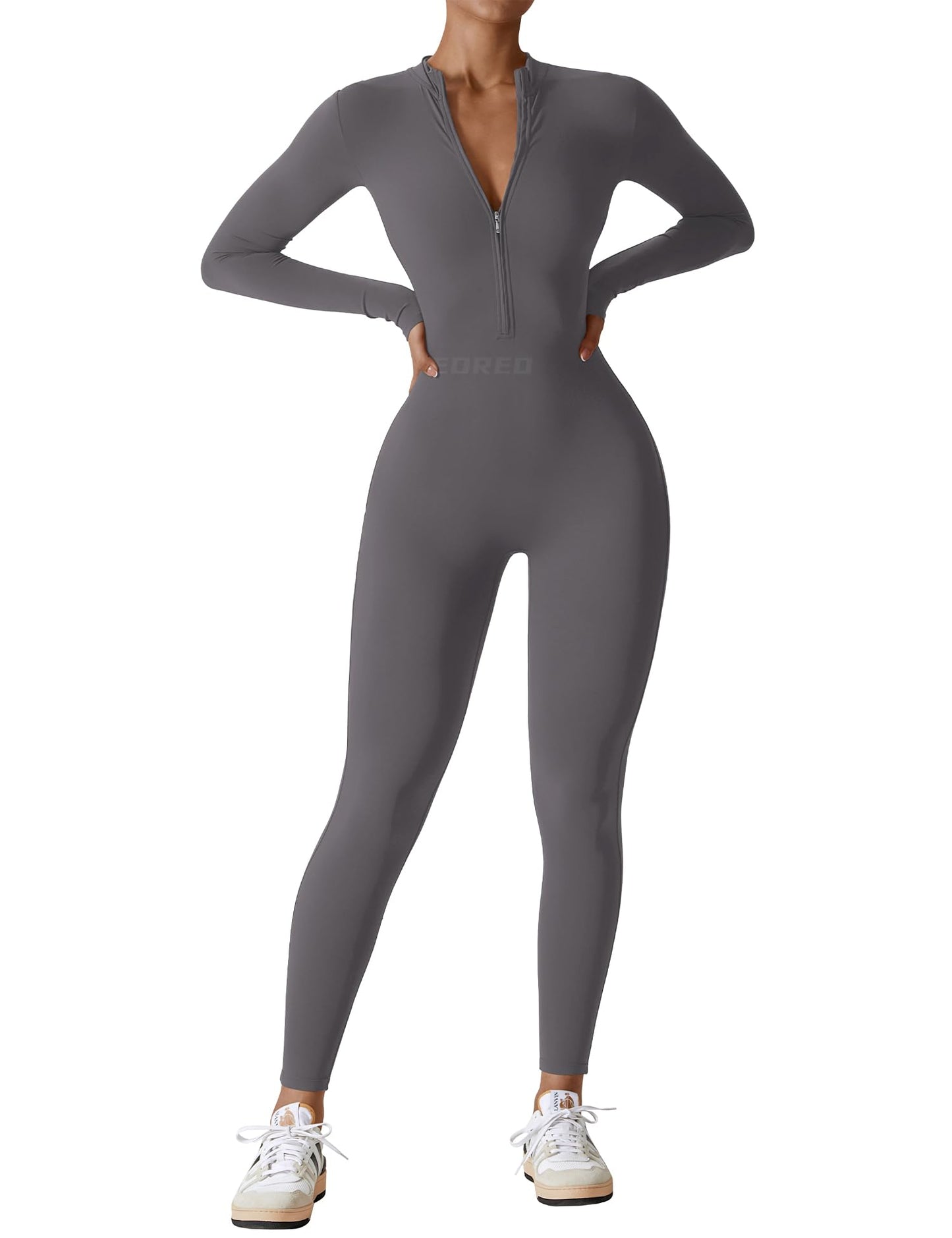 YEOREO Women Long Sleeve Workout Jumpsuit Zip Up Romper Bottom Pants Bodysuit Bodycon Sexy One Piece