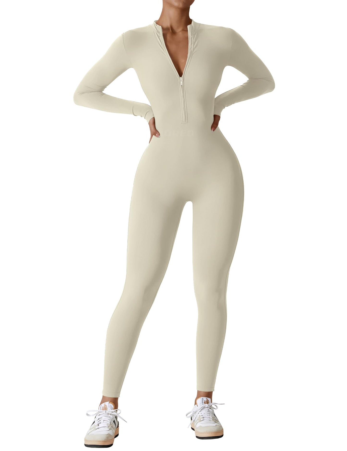 YEOREO Women Long Sleeve Workout Jumpsuit Zip Up Romper Bottom Pants Bodysuit Bodycon Sexy One Piece