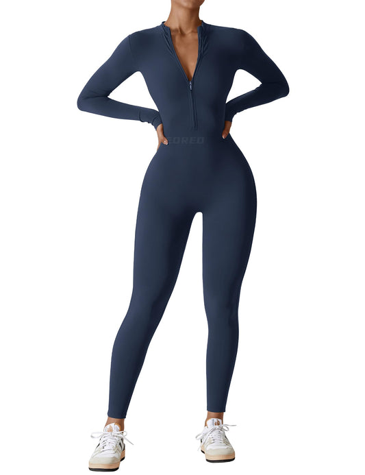 YEOREO Women Long Sleeve Workout Jumpsuit Zip Up Romper Bottom Pants Bodysuit Bodycon Sexy One Piece