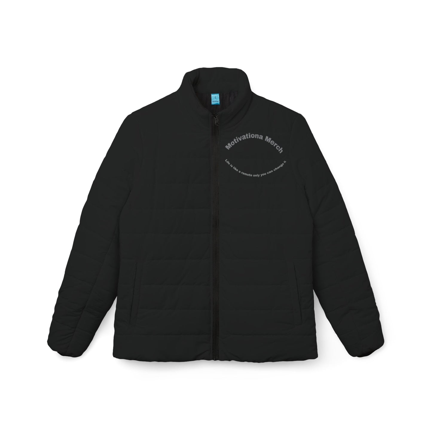 Puffer Jacket — Circular Text "remote only you can change it like a remote" Minimalist Black Women’s Coat