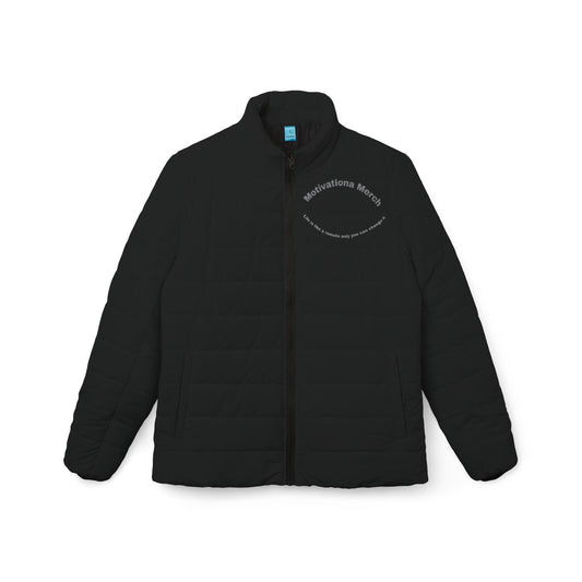 Puffer Jacket — Circular Text "remote only you can change it like a remote" Minimalist Black Women’s Coat