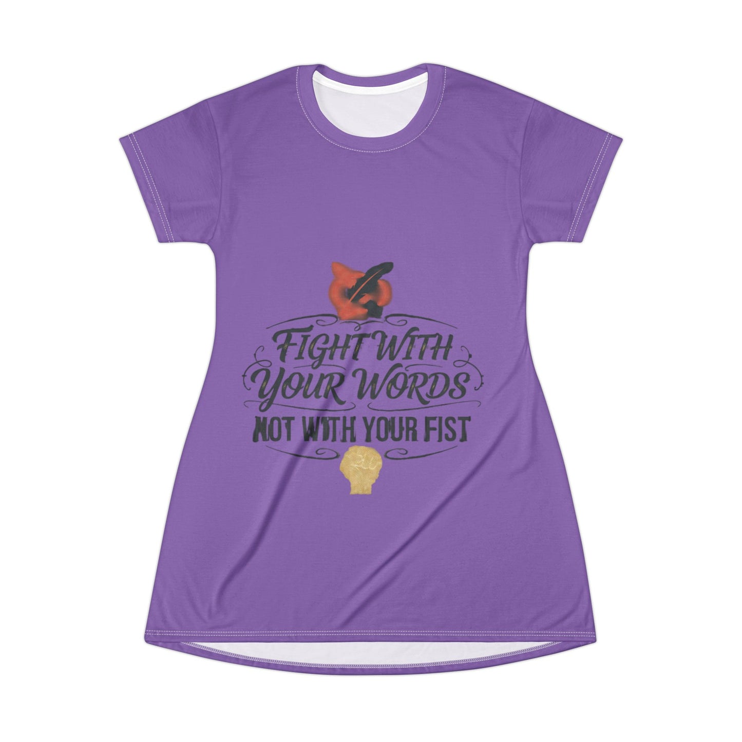 'Fight With Your Words Not Your Fist' Graphic T-Shirt Dress – Feminine Purple AOP Casual Dress for Peacemakers