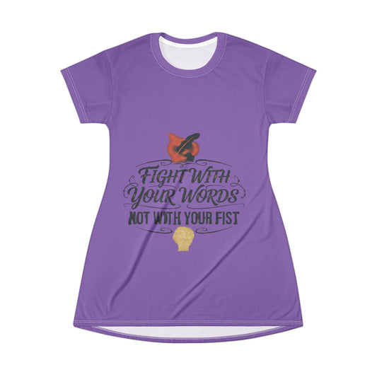 'Fight With Your Words Not Your Fist' Graphic T-Shirt Dress – Feminine Purple AOP Casual Dress for Peacemakers