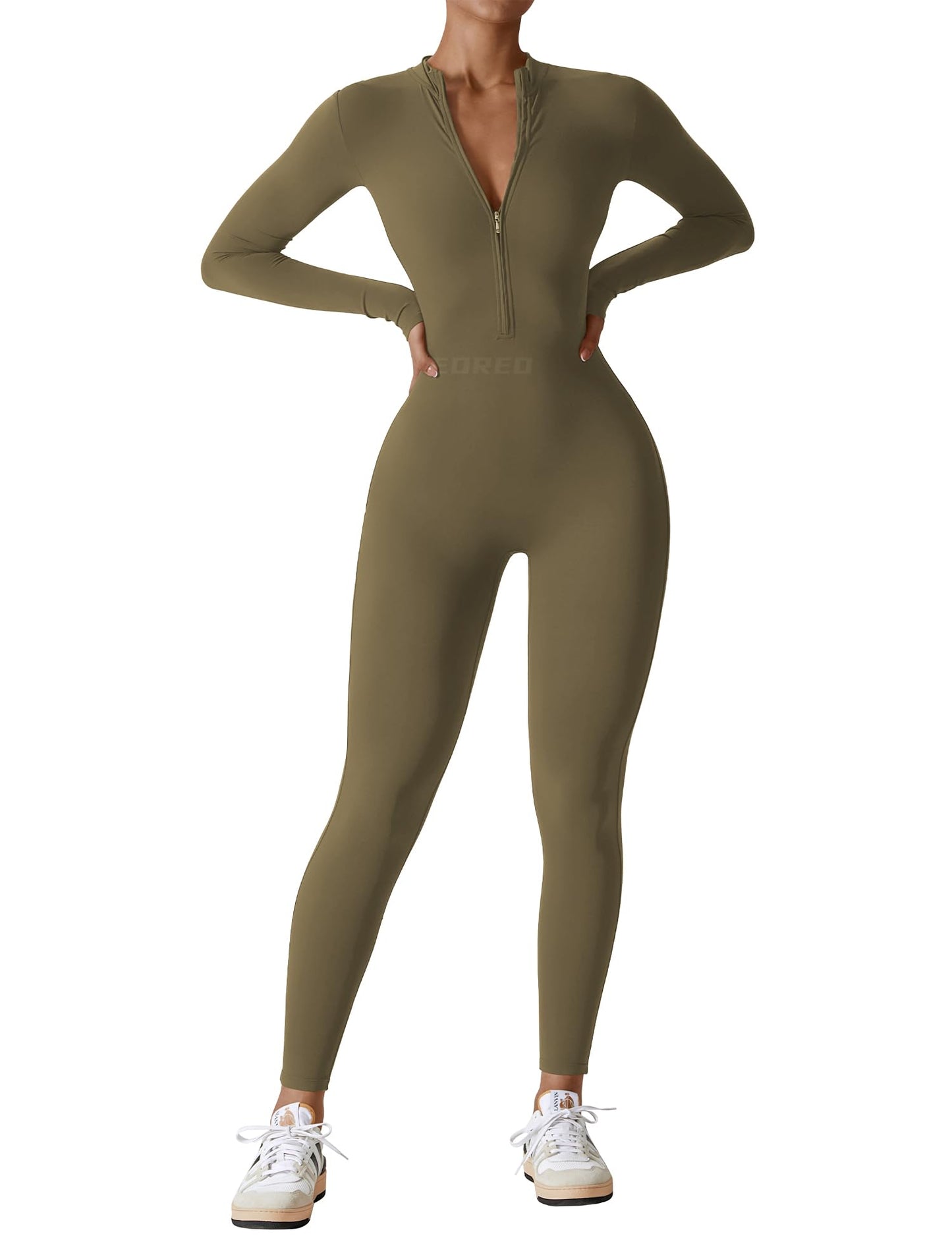 YEOREO Women Long Sleeve Workout Jumpsuit Zip Up Romper Bottom Pants Bodysuit Bodycon Sexy One Piece