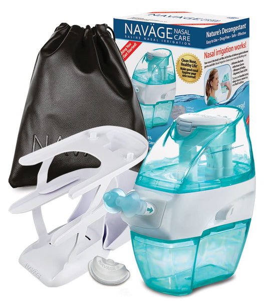 Navage Deluxe Bundle Nasal Irrigation System - Saline Nasal Rinse Kit with 1 Nose Cleaner, 20 Salt Pods, Black Travel Bag and 1 Countertop Caddy