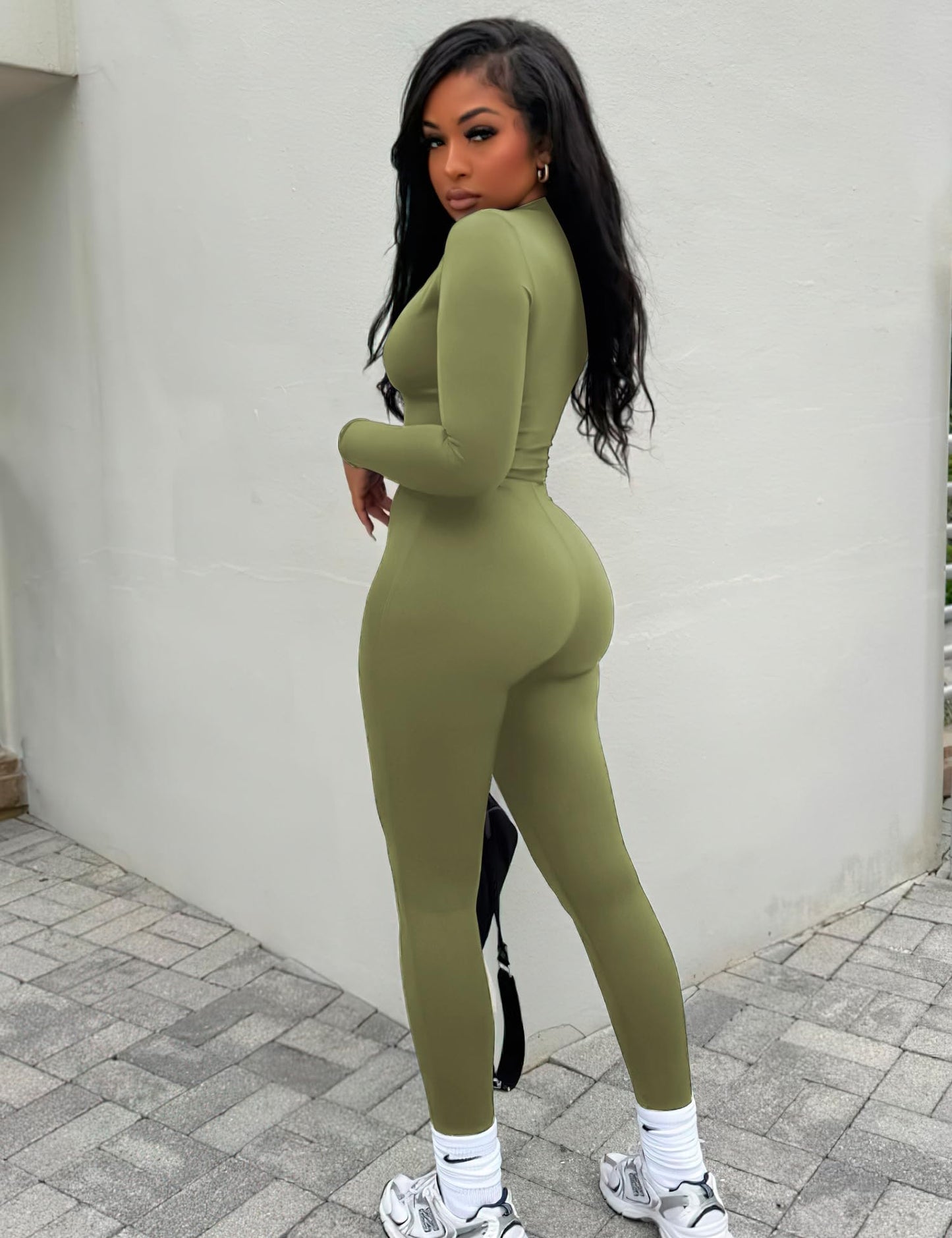 YEOREO Women Long Sleeve Workout Jumpsuit Zip Up Romper Bottom Pants Bodysuit Bodycon Sexy One Piece