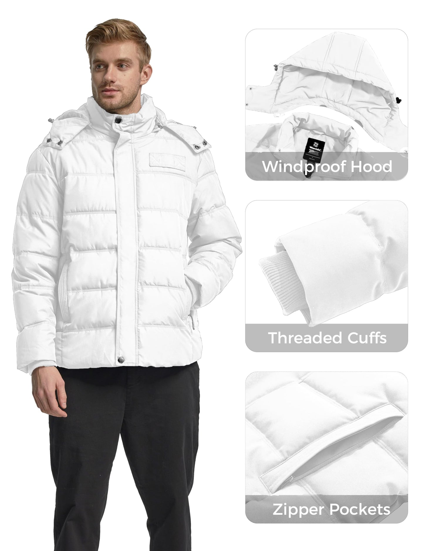 Wantdo Men's Hooded Winter Coat Warm Puffer Jacket Thicken Cotton Coat with Removable Hood