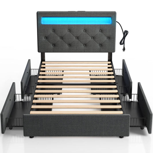 Rolanstar Twin Size Bed Frame with Charging Station and LED Lights, Upholstered Bed with Adjustable Headboard and 4 Storage Drawers, No Box Spring Needed, Easy Assembly, Dark Grey