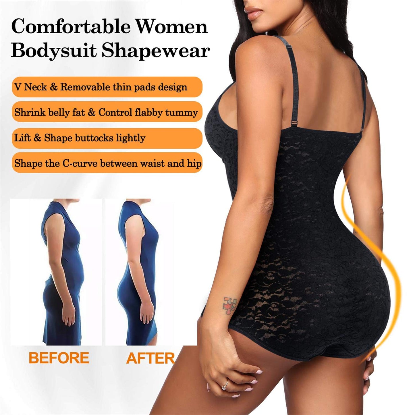 BRABIC Lace Bodysuit for Women Tummy Control Shapewear Sleeveless Tops V-Neck Backless Camisole Jumpsuit Shaper