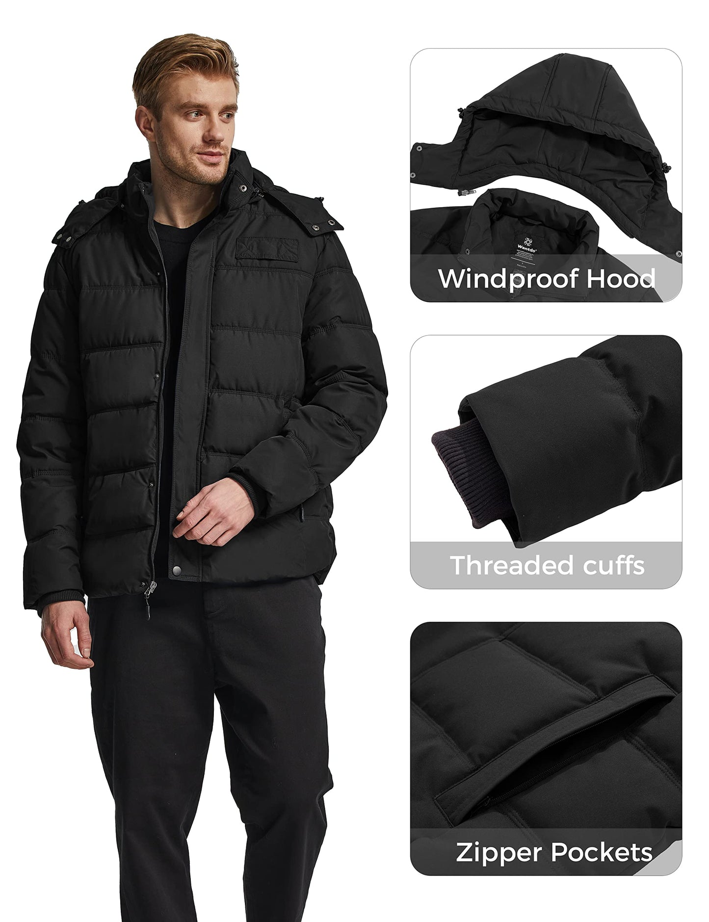 Wantdo Men's Hooded Winter Coat Warm Puffer Jacket Thicken Cotton Coat with Removable Hood