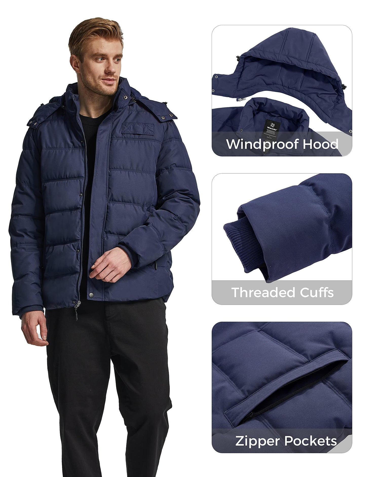 Wantdo Men's Hooded Winter Coat Warm Puffer Jacket Thicken Cotton Coat with Removable Hood