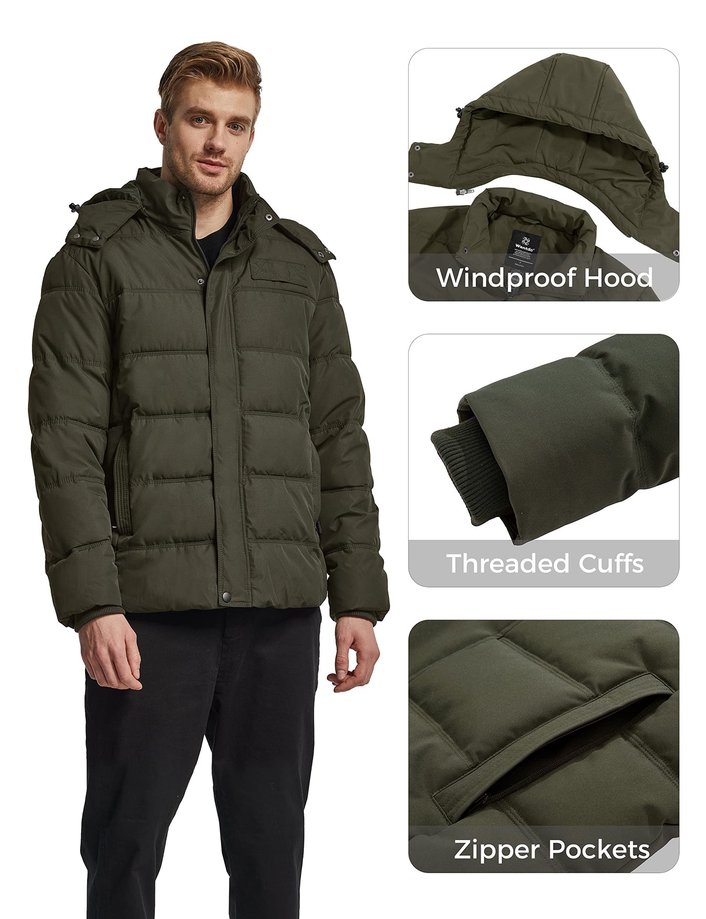 Wantdo Men's Hooded Winter Coat Warm Puffer Jacket Thicken Cotton Coat with Removable Hood
