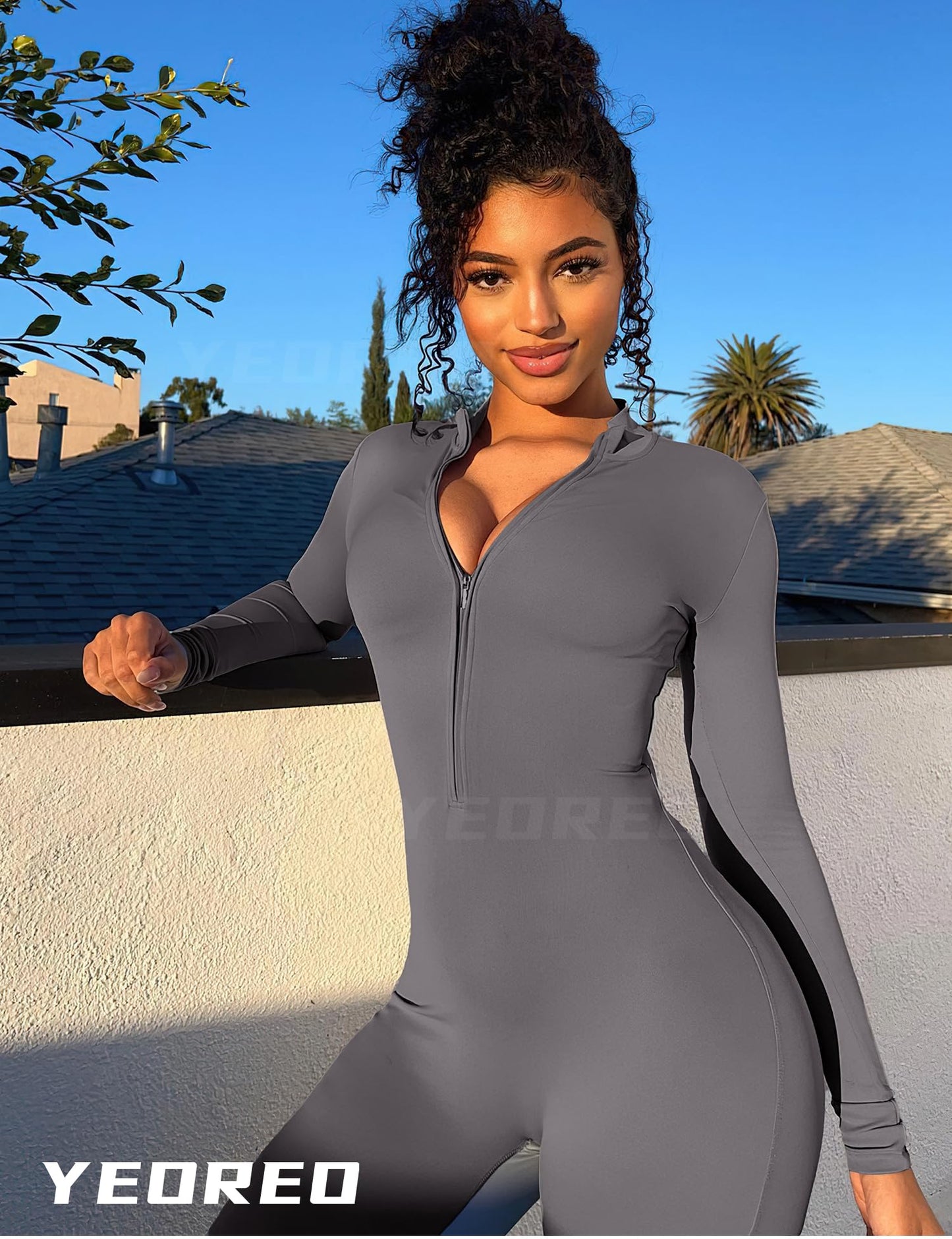 YEOREO Women Long Sleeve Workout Jumpsuit Zip Up Romper Bottom Pants Bodysuit Bodycon Sexy One Piece
