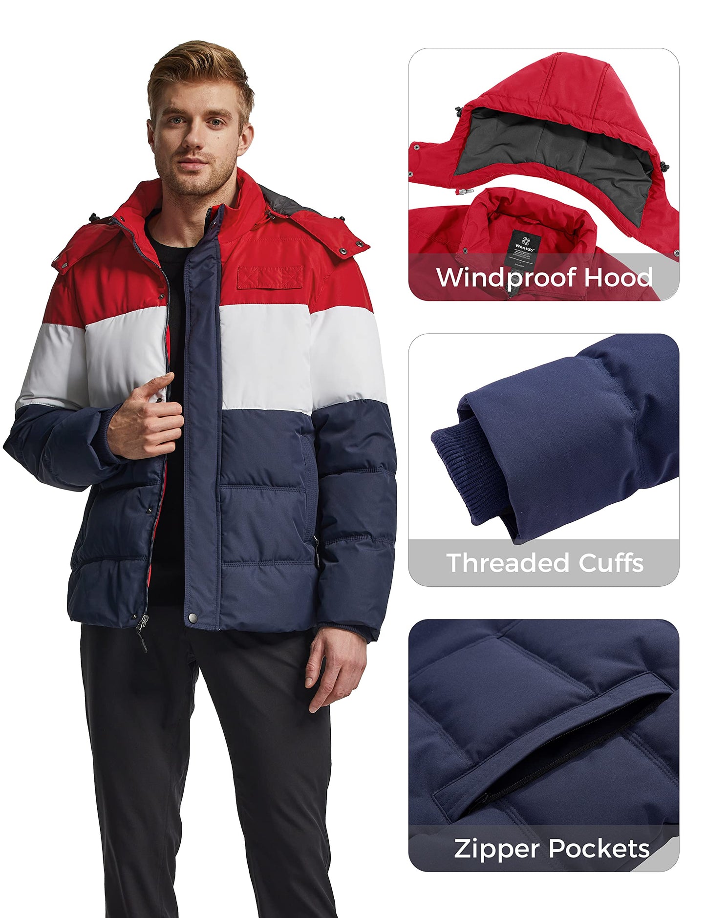 Wantdo Men's Hooded Winter Coat Warm Puffer Jacket Thicken Cotton Coat with Removable Hood