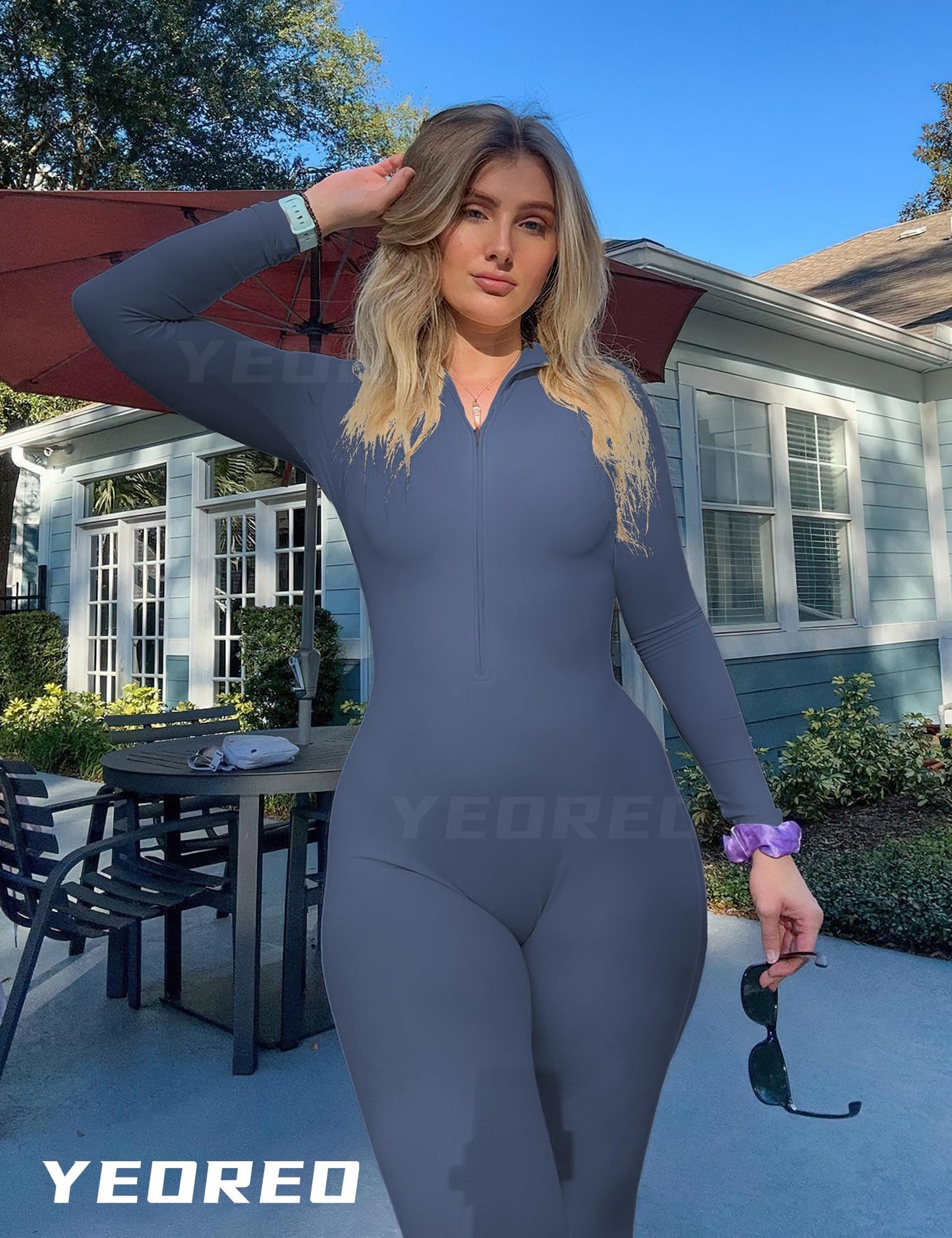 YEOREO Women Long Sleeve Workout Jumpsuit Zip Up Romper Bottom Pants Bodysuit Bodycon Sexy One Piece