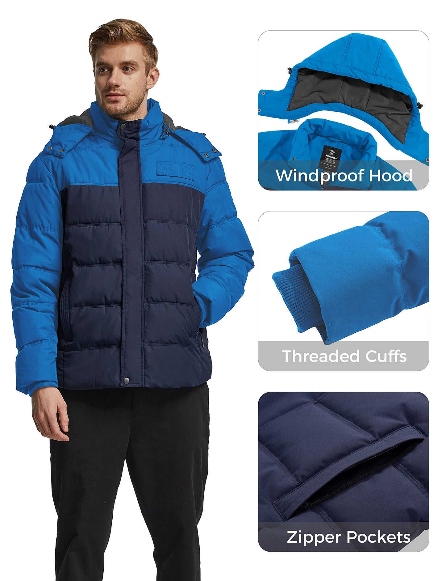 Wantdo Men's Hooded Winter Coat Warm Puffer Jacket Thicken Cotton Coat with Removable Hood