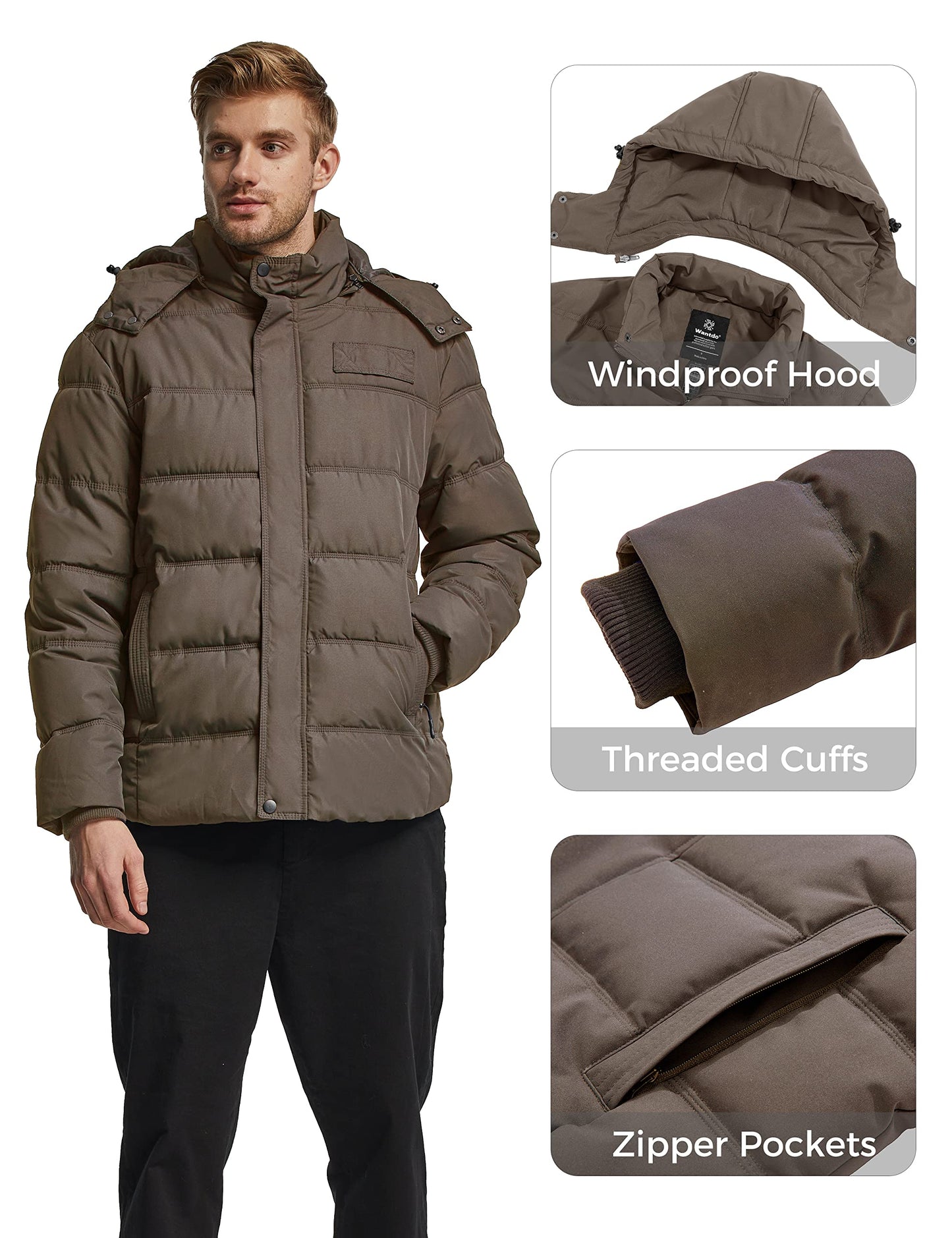 Wantdo Men's Hooded Winter Coat Warm Puffer Jacket Thicken Cotton Coat with Removable Hood