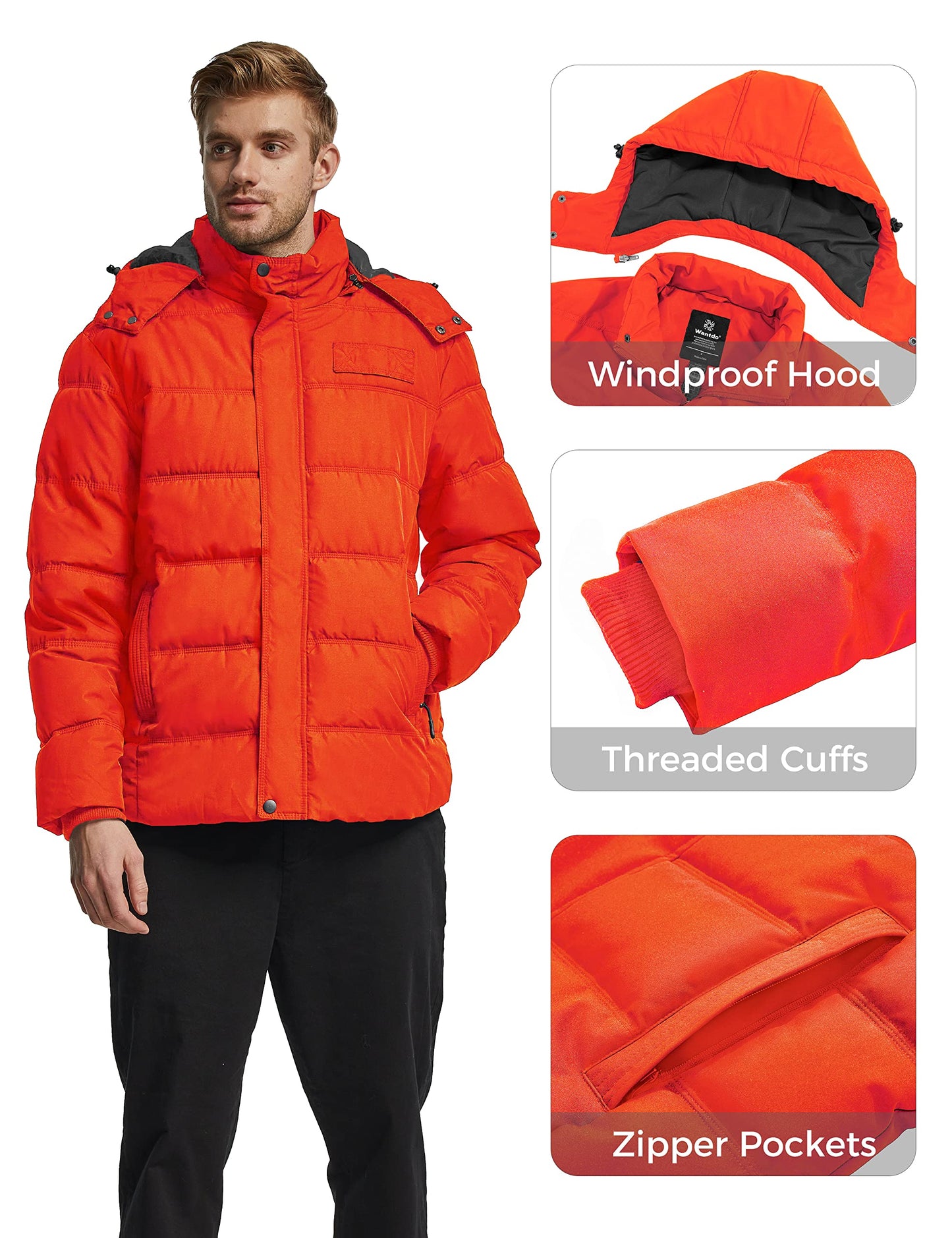 Wantdo Men's Hooded Winter Coat Warm Puffer Jacket Thicken Cotton Coat with Removable Hood