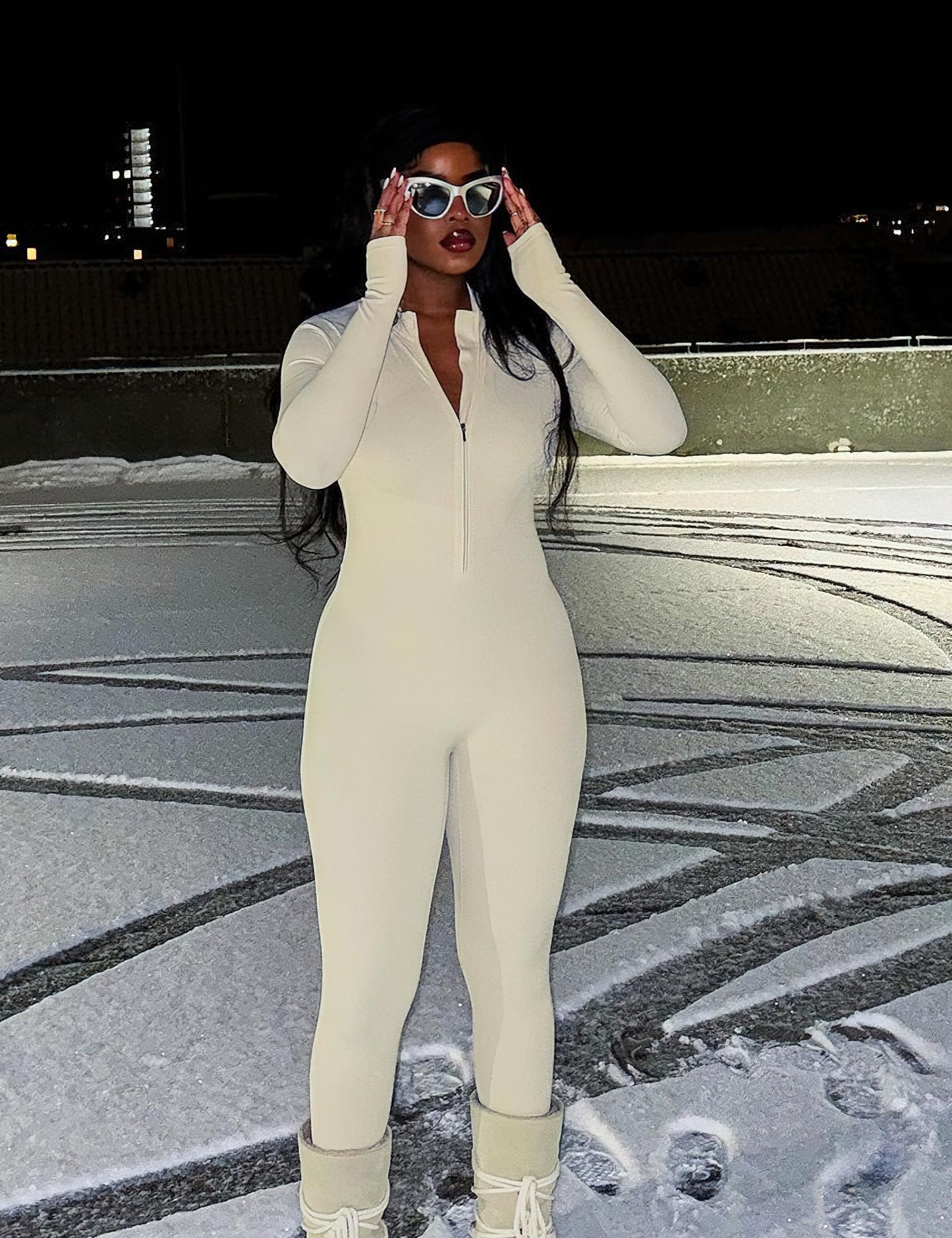 YEOREO Women Long Sleeve Workout Jumpsuit Zip Up Romper Bottom Pants Bodysuit Bodycon Sexy One Piece