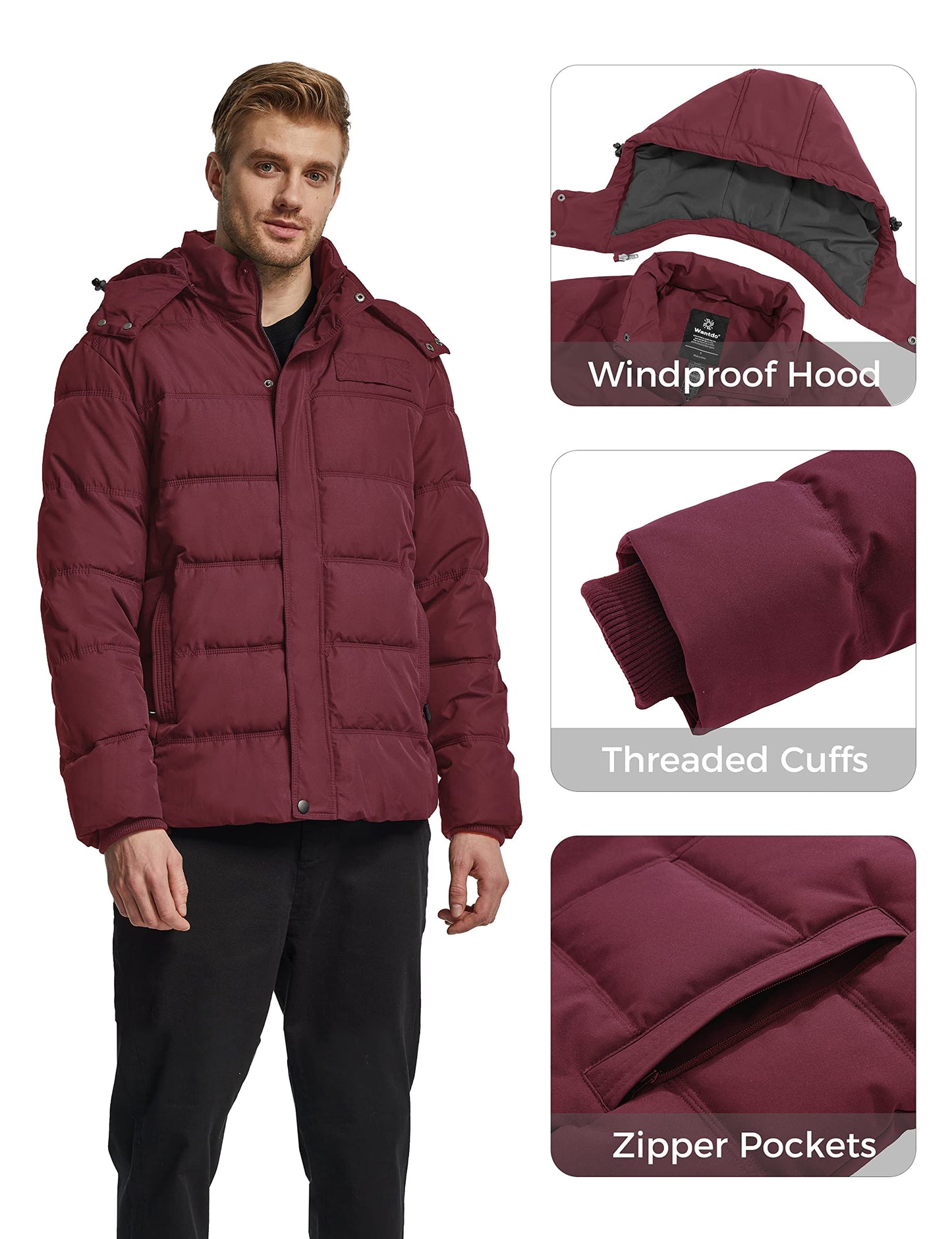 Wantdo Men's Hooded Winter Coat Warm Puffer Jacket Thicken Cotton Coat with Removable Hood