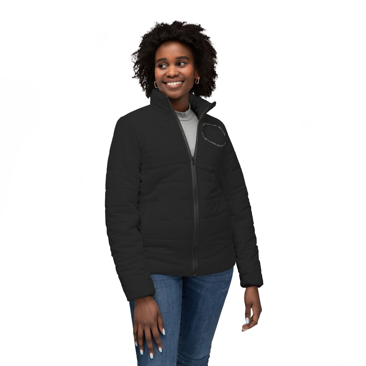 Puffer Jacket — Circular Text "remote only you can change it like a remote" Minimalist Black Women’s Coat