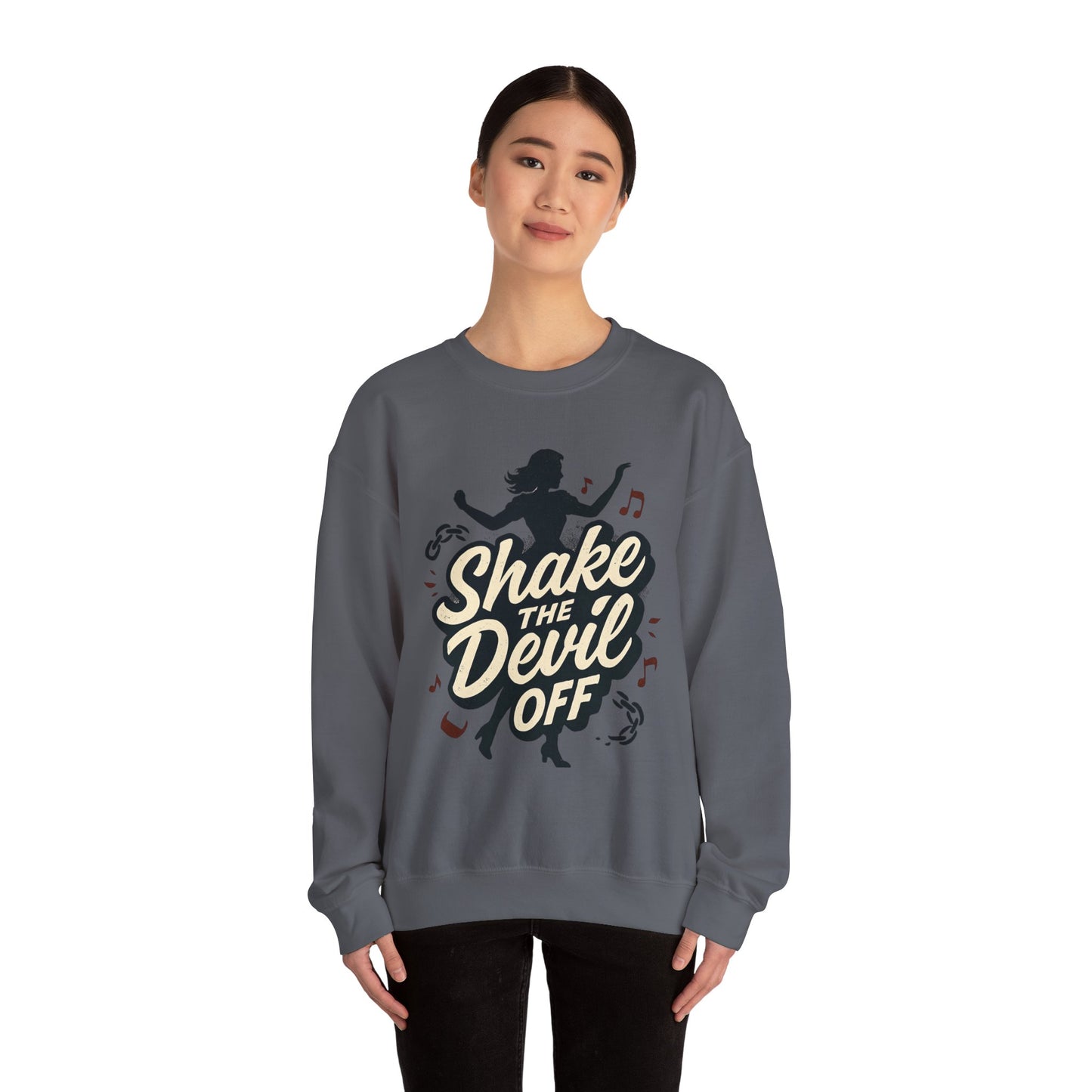 Crewneck Sweatshirt — "Shake the Devil Off" Retro Dance Graphic