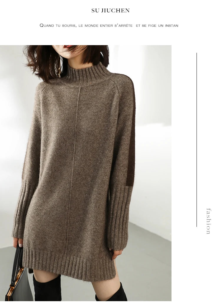 Women Autumn Winter Sweater Knitted Dresses Women Fashion Turtleneck Long Sweater Dress Ladies Warm Split Sweater Dress