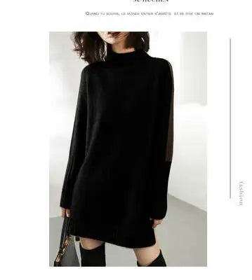 Women Autumn Winter Sweater Knitted Dresses Women Fashion Turtleneck Long Sweater Dress Ladies Warm Split Sweater Dress