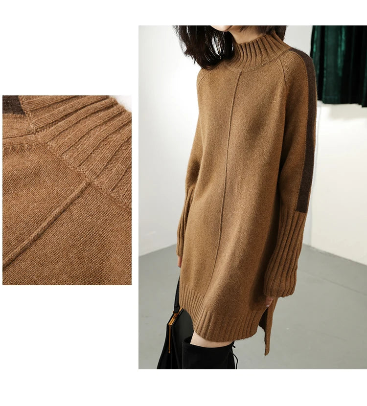 Women Autumn Winter Sweater Knitted Dresses Women Fashion Turtleneck Long Sweater Dress Ladies Warm Split Sweater Dress