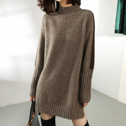 Women Autumn Winter Sweater Knitted Dresses Women Fashion Turtleneck Long Sweater Dress Ladies Warm Split Sweater Dress