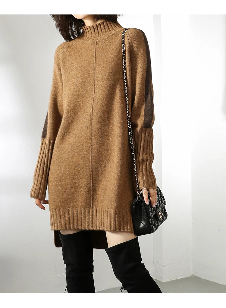 Women Autumn Winter Sweater Knitted Dresses Women Fashion Turtleneck Long Sweater Dress Ladies Warm Split Sweater Dress
